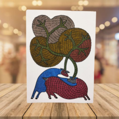 Painting Gond Art Deer Couple Blue Red 10x14