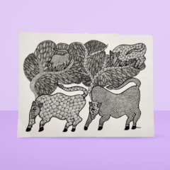 Painting Gond Art 4 Cows on Tree Black And White 15x11