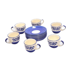 Khurja Pottery Cup Plate  Blu Clr Wt Wht Line Plate 6+6 Pc