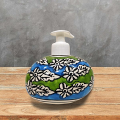 Soap Dispenser Khurja Pottery Floral With Leaf Green