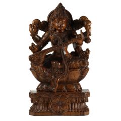Idol Saraswati Wood Carving Antique 24"*12"(2 Feet)