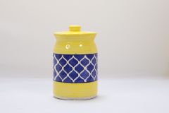 Khurja Pottery Pickle Jar Yellow Clr Wt Blu Line 7.5"