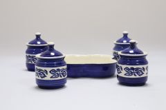 Khurja Pottery Jar + Tray  Wht Clr Wt Blu Prt 4+1