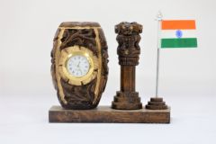 Wooden Pen Stand with Clock Ashok Stambh and National Flag Type 1 (Dark Brown)