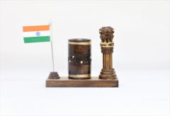 Wooden Pen Stand with Ashok Stambh and National Flag Type 2 (Dark Brown)