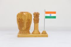 Wooden Pen Stand with Ashok Stambh and National Flag Type 3 (Natural 1)
