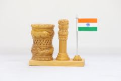 Wooden Pen Stand with Ashok Stambh and National Flag Type 4 (Natural 2)