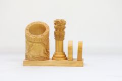 Wooden Pen Stand with Ashok Stambh and Card Holder Type 6 (Natural 4)