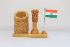 Wooden Pen Stand with Ashok Stambh and National Flag Type 7 (Natural 5)