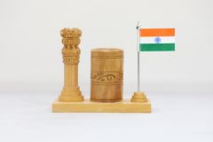 Wooden Pen Stand with Ashok Stambh and National Flag Type 8 (Natural 6)
