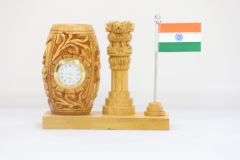 Wooden Pen Stand with Clock Ashok Stambh and National Flag Type 11 (Natural 9)
