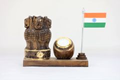 Wooden Pen Stand with Clock and National Flag Type 12 (Dark Brown)