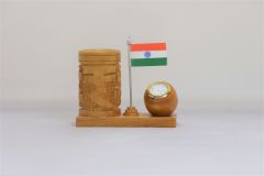 Wooden Pen Stand with Clock and National Flag Type 13 (Natural 10)