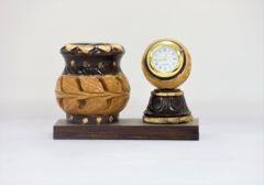 Wooden Matka Pen Stand with Clock Type 14 (Dark Brown & Natural)
