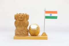 Wooden Ashok Stambh Pen Stand Clock with National Flag Type 15 ( Natural 11)