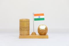 Wooden Pen Stand with Clock and National Flag Type 18 (Natural 13)