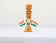 Wooden Ashok Stambh with Clock and Double Flag Type 19 (Natural 14)