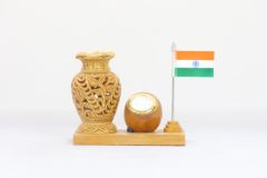 Wooden Pen Stand with Clock and National Flag Type 22 (Natural 15)