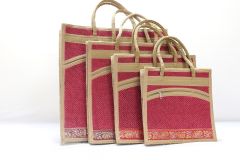 Jute Bag Combo Zipper Pack Set Of 4 Pc Pink