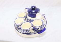 Khurja Pottery Murli Mug Tea Set White & Blue Color Big